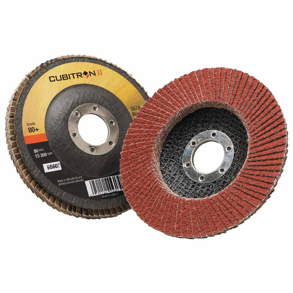 Cubitron II Flap Disc 967A, 4-1/2 in dia, 80 Grit, 7/8 in Arbor, 13,300 RPM, Type 27 405-051141-55607