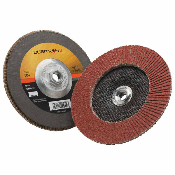 Cubitron II Flap Disc 967A, 7 in dia, 60 Grit, 5/8 in-11 Arbor, 8,600 RPM, Type 27 405-051141-55609