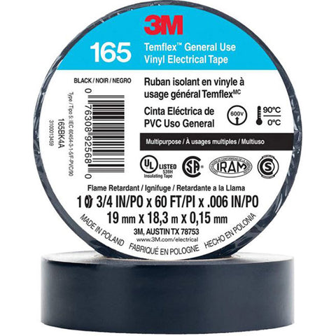 Temflex Vinyl Electrical Tape 165, 60 ft x 3/4 in, Black 405-076308-92568