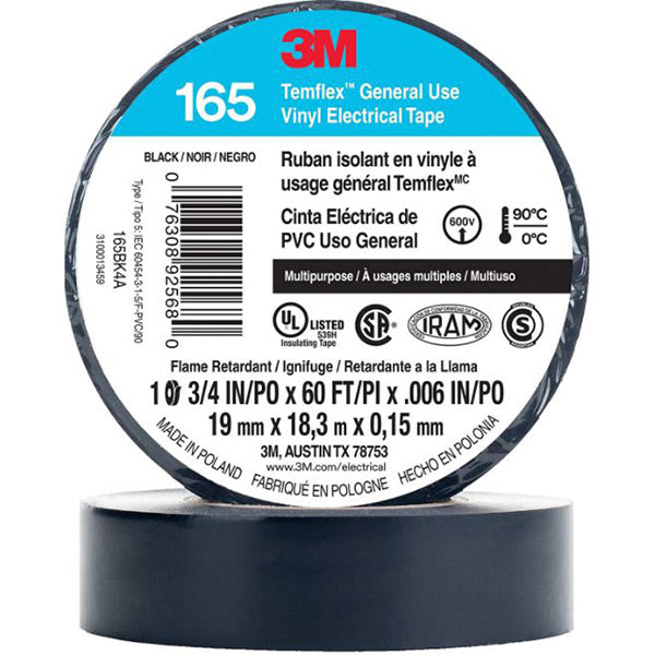Temflex Vinyl Electrical Tape 165, 60 ft x 3/4 in, Black 405-076308-92568