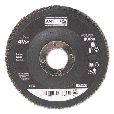 Abrasive High Density Flap Discs, 4-1/2 in Dia, 80 Grit, 7/8 in Arbor, 12,000 rpm 102-40375