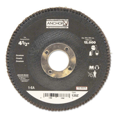 Abrasive High Density Flap Discs, 4 1/2 in Dia, 120 Grit, 7/8 in Arbor, Type 27 102-40376