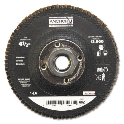 Abrasive High Density Flap Discs, 4-1/2 in Dia, 60 Grit, 5/8 in - 11 Arbor, 12,000 rpm 102-40378