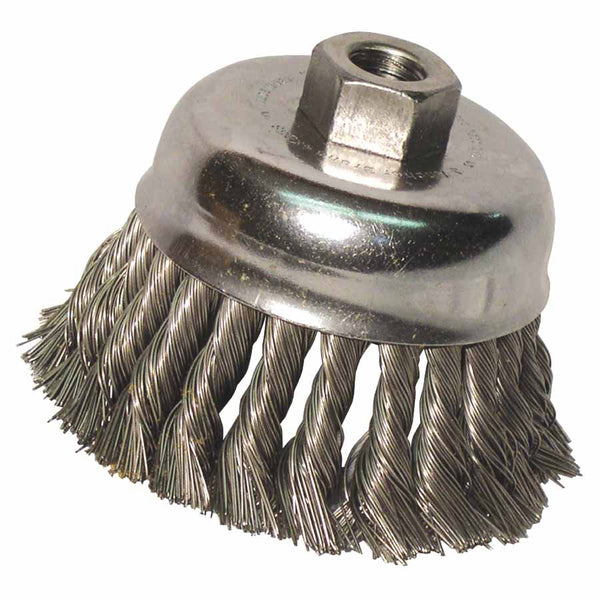 Knot Wire Cup Brush, 4 in Dia, 5/8-11 Arbor, .02 in Carbon Steel 102-4KC58