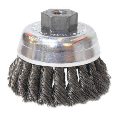 Knot-Style Cup Brushes, 2 3/4 in Dia, 0.014 in Carbon Steel Wire, 3/8 in - 24 Arbor 102-BW-425
