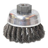 Knot-Style Cup Brushes, 2 3/4 in Dia, 0.014 in Carbon Steel Wire, 3/8 in - 24 Arbor 102-BW-425