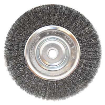 Light Duty Crimped Wheel Brush, 6 dia x 1/2 W, 0.014 Carbon Steel, 5/8 in - 1/2 in 102-BW-605