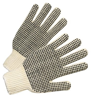 Medium Weight Seamless String-Knit Gloves w/Single-Sided PVC Dot Grips, Men's, Knit Wrist, Natural White/Black PVC Dots 101-6710