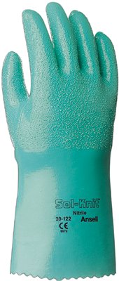 39-122 12 in Reinforced Nitrile Gloves, Gauntlet Cuff, Interlock Knit Cotton Lined, Size 9, Green 012-39-122-9