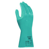 39-124 14 in Reinforced Nitrile Gloves, Gauntlet Cuff, Interlock Knit Cotton Liner, Size 10, Green 012-39-124-10