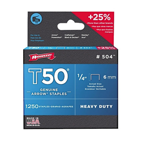 T50 Type Staple, #504, 1/4 in L x 3/8 in W, 1,250/PK 091-50424