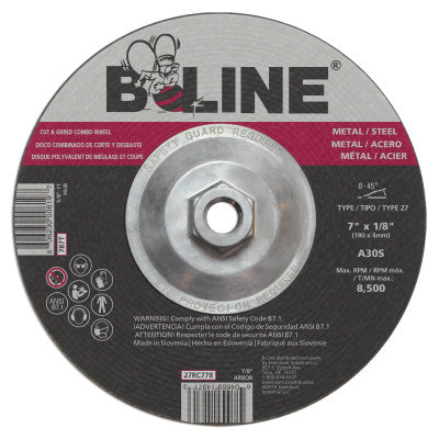 Depressed Center Combo Wheel, 7 in dia, 1/8 in Thick, 7/8 in Arbor, 30 Grit, Aluminum Oxide 903-27RC778