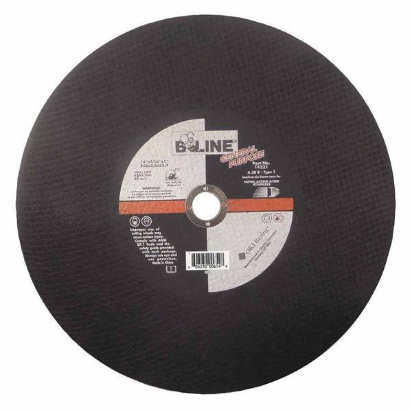Cutting Wheel, 14 in dia, 3/32 in Thick, 1 in Arbor, 36 Grit, Alum Oxide 903-14321