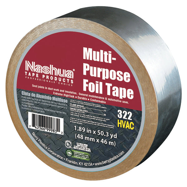 322 Multi-Purpose Plain Foil Tape, 2 in x 50 yd, 5 mil, Aluminum Silver 573-1087627