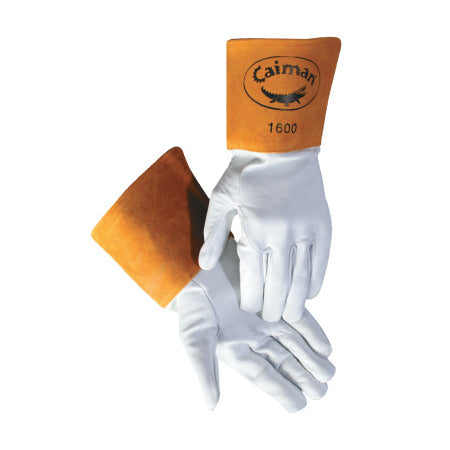 1600 Goat Grain Leather/Cowhide Cuff Unlined Welding Gloves, Medium, White/Gold, 4 in cuff 607-1600-M