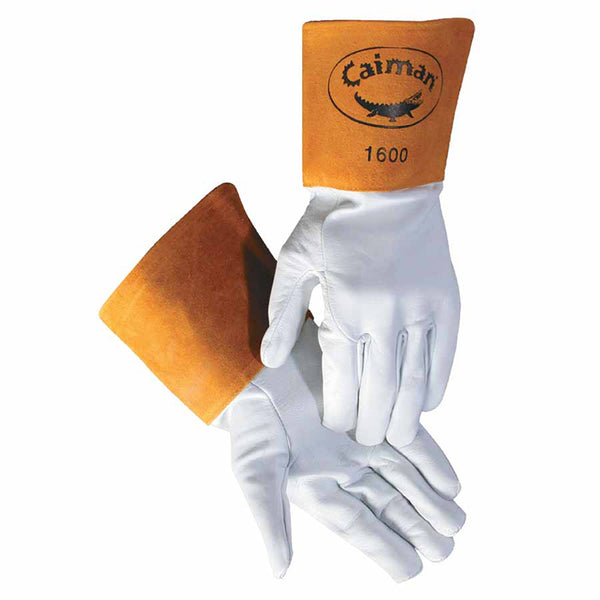 1600 Goat Grain Leather/Cowhide Cuff Unlined Welding Gloves, Large, White/Gold, 4 in cuff 607-1600-L