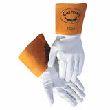 1600 Goat Grain Leather/Cowhide Cuff Unlined Welding Gloves, Large, White/Gold, 4 in cuff 607-1600-L