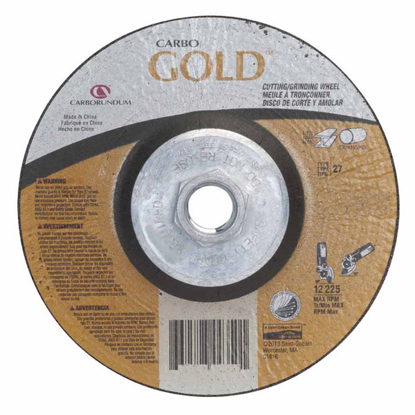 Gold AO Depressed Center Wheel, 9 in dia, 1/8 in Thick, 5/8 in Arbor, 24 Grit 481-05539504718