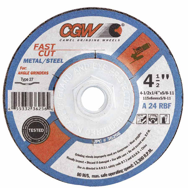 Depressed Center Wheel, 4 1/2 in Dia, 1/4 in Thick, 24 Grit, Alum. Oxide 421-36255