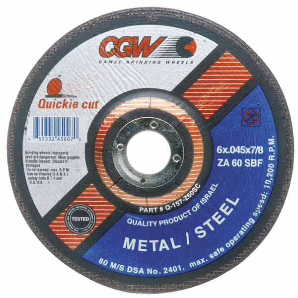 Quickie Cut Extra Thin Type 27 Cut-Off Wheel, 4-1/2 in dia, 7/8 in Arbor, 60 Grit 421-45002