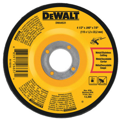 Cutting Wheels, 4 1/2 in, 7/8 in Arbor, 60 Grit, 13,300 rpm 115-DWA4531
