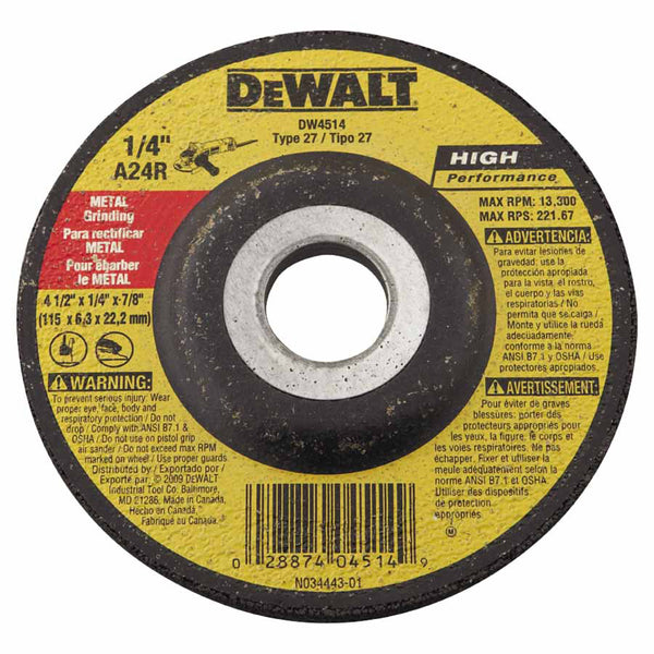 Type 27 HP Metal Grinding Wheel, 4-1/2 in dia, 7/8 in Arbor, 13,300 RPM, 24 Grit 115-DW4514