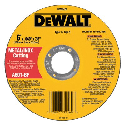 Type 1 Thin Metal Cutting Wheel, 6 in dia, 0.040 in Thick, 7/8 in Arbor, A60T Grit 115-DW8725
