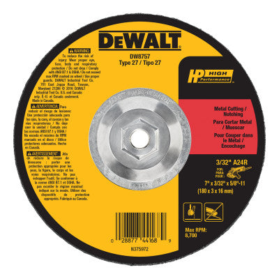 Type 27 HP Metal Cutting Wheels, 7 in Dia, 5/8 in - 11 Arbor, 0.45 in Thick 115-DW8757