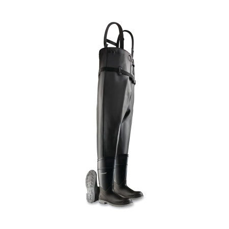 Chest Waders, Steel Toe, Men's 10, 16 in Boot, 53 in Overall L, PVC, Nylon Suspenders, Black/Gray 868-8606700.10