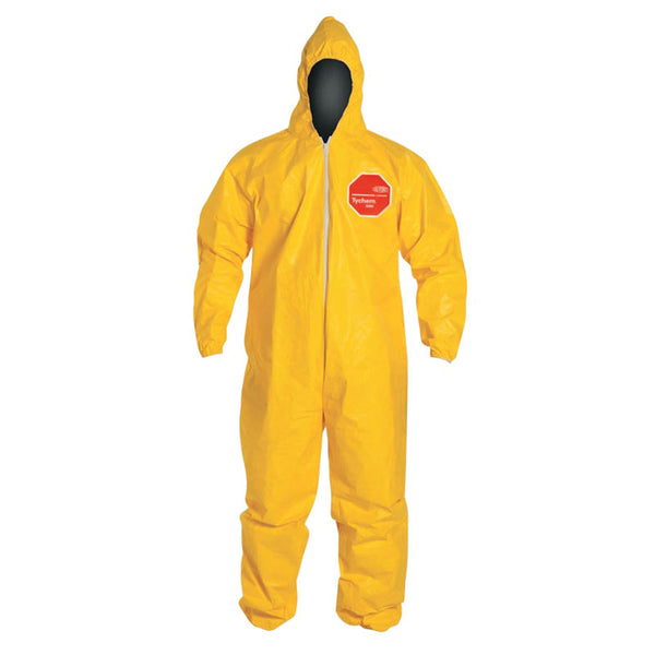Tychem 2000 Coverall, Serged Seams, Attached Hood, Elastic Wrists and Ankles, Zipper Front, Storm Flap, Yellow, 4X-Large 251-QC127S-4XL