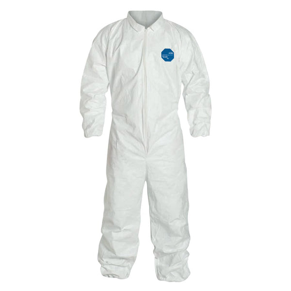 Tyvek 400 Coverall, Serged Seams, Collar, Elastic Waist, Elastic Wrists and Ankles, Zipper Front, Storm Flap, White, Large 251-TY125S-L
