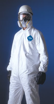 Tyvek 400 Coverall, Serged Seams, Attached Hood, Elastic Waist, Elastic Wrist and Ankle, Front Zip, Storm Flap, White, Large 251-TY127S-L
