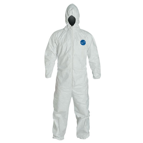 Tyvek 400 Coverall, Serged Seams, Attached Hood, Elastic Waist, Elastic Wrists and Ankles, Front Zip, Storm Flap, White, XL 251-TY127S-XL