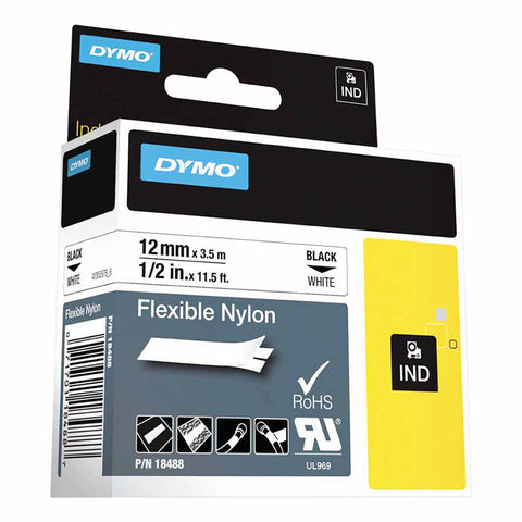 Industrial Rhino Flexible Nylon Label Cartridge, 1/2 in W x 11.5 ft L, Black Print on White Background 784-18488