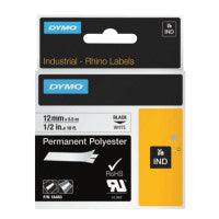 Industrial Rhino Permanent Polyester Label Cartridge, 1/2 in W x 18 ft L, Black Print on White Background 784-18483
