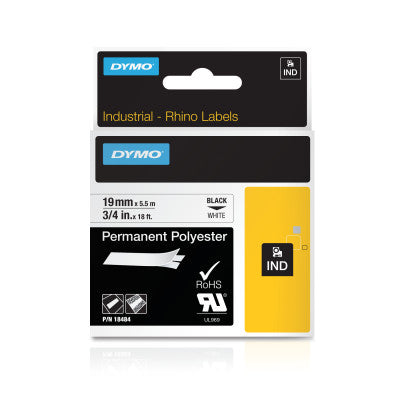 Industrial Rhino Permanent Polyester Label Cartridge, 3/4 in W x 18 ft L, Black Print on White Background 784-18484