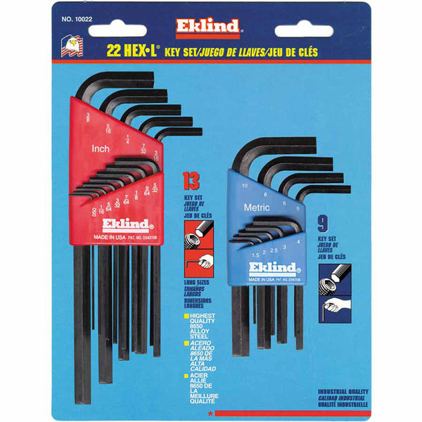 Hex-L Key Set, 22 per card, Hex Tip, Inch/Metric, Short and Long Arms 269-10022