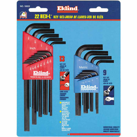 Hex-L Key Set, 22 per card, Hex Tip, Inch/Metric, Short and Long Arms 269-10022