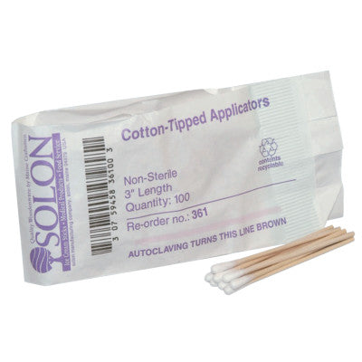 Cotton Tipped Applicator, 3 in, Wood Shaft, 100/Bag 579-25-400