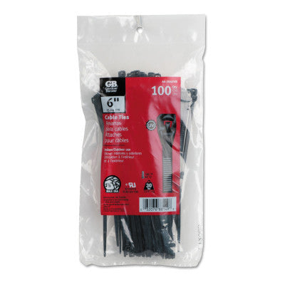 Standard Cable Ties, 30 lb Tensile Strength, 6 in L, Black, 100 EA/BG 623-46-206UVB
