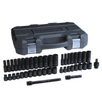 Impact Socket Set, 3/8 in Dr, 6-point, Metric/SAE, 9 mm to 30 mm, 44-Pc Deep/STD Lengths, Incl Univ Jt/Ext/Blow Mold Case 329-84916N