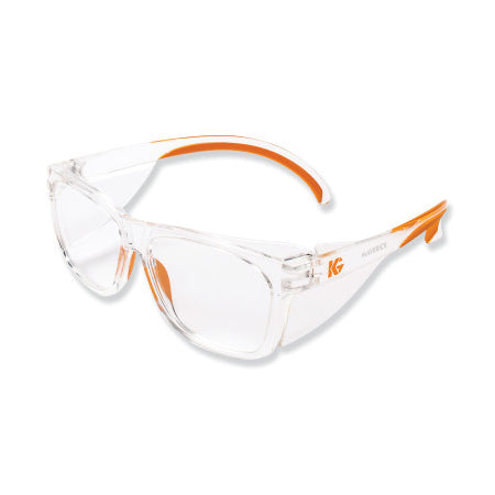 KleenGuard Maverick Safety Glasses, Clear Anti-Fog/Scratch Lens, Clear/Orange Frame 412-49301