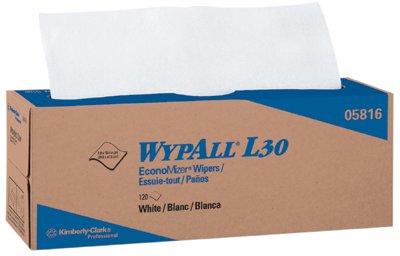 WypAll* L30 Wipers, White, 9.8 in W x 16.4 in L, Pop-Up Box, 120 Sheets per Box/6 Box per Case 412-05816