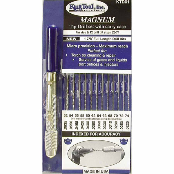 MAGNUM Tip Drill Set, Size 52 to 74, Includes 12 Even Number Drills/Indexed Carry Case/Pin Vise with Pocket Clip 422-KTD01