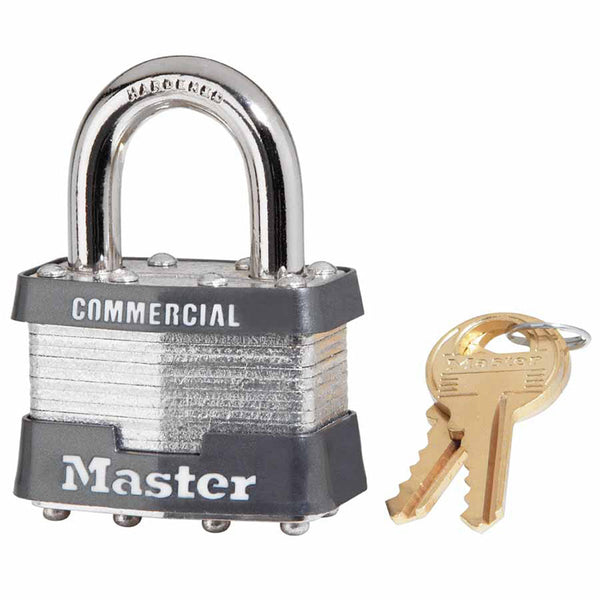 No. 1 Laminated Steel Padlock, 5/16 in dia, 3/4 in W x 15/16 in H Shackle, Silver/Gray, Keyed Alike, Keyed 2001 470-1KA-2001