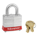 No. 3 Laminated Steel Padlock, 9/32 in dia, 5/8 in W x 3/4 in H Shackle, Silver/Red, Keyed Different, Varies 470-3RED