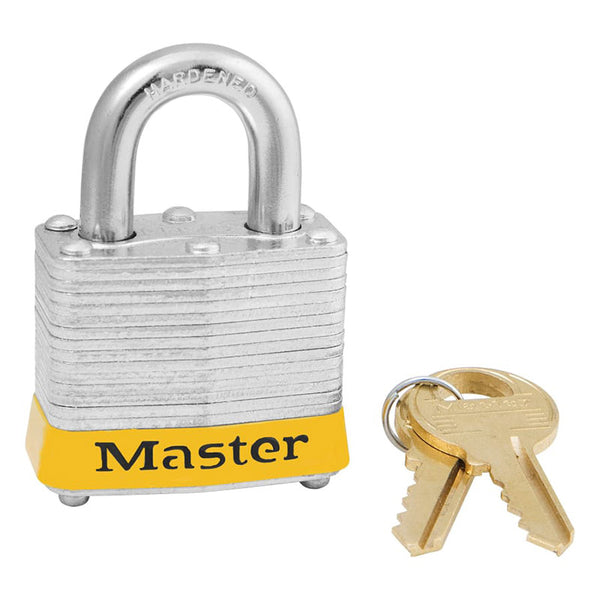 No. 3 Laminated Steel Padlock, 9/32 in dia, 5/8 in W x 3/4 in H Shackle, Silver/Yellow, Keyed Different, Varies 470-3YLW