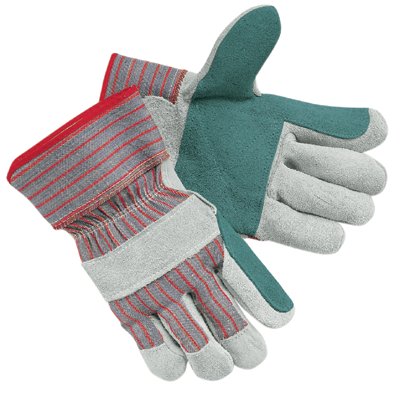 Industrial Standard Shoulder Split Gloves, Large, Double Palm, Leather, Cotton, Gray w/Red Stripes 127-1211J