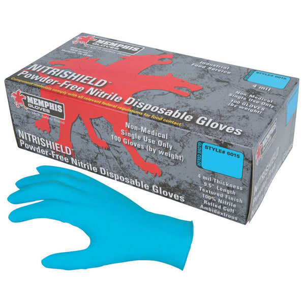 Nitrile Disposable Gloves, NitriShield, Rolled Cuff, Unlined, Medium, Blue, 4 mil Thick, Powder Free 127-6015M