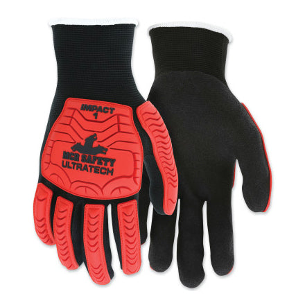 UT1950 UltraTech Impact Level 1 Mechanics Knit Gloves, Large, Hi-Vis Red TPR, Black Coating/Shell 127-UT1950L